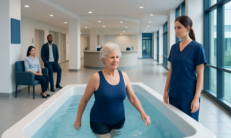 Elderly woman undergoing water therapy at Acibadem hospital.