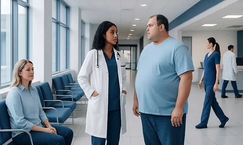 Doctor consulting with a patient in a hospital corridor.
