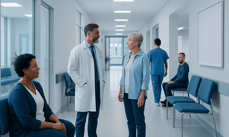 Doctor talking to an elderly patient in a hospital corridor.
