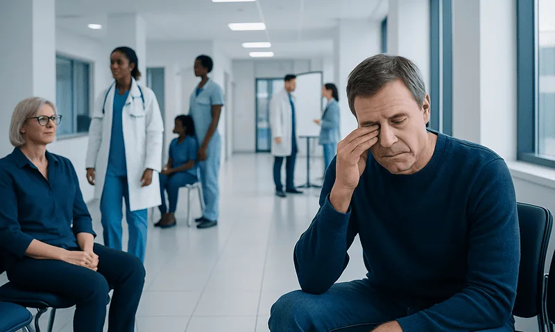 Patient experiencing eye discomfort in a hospital waiting area.
