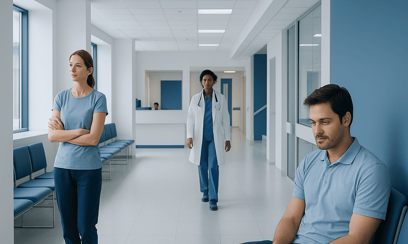 Patients waiting in a modern hospital corridor with medical staff nearby.