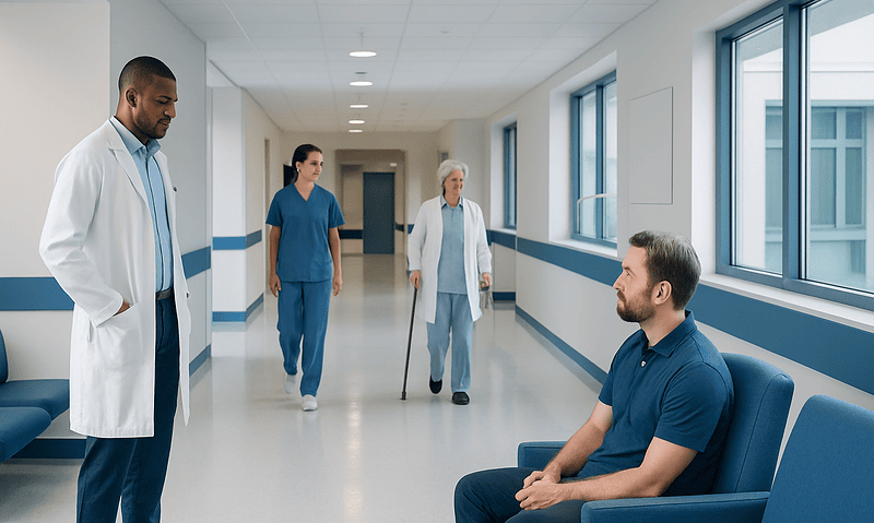 Medical consultation in hospital corridor with doctor and patient.