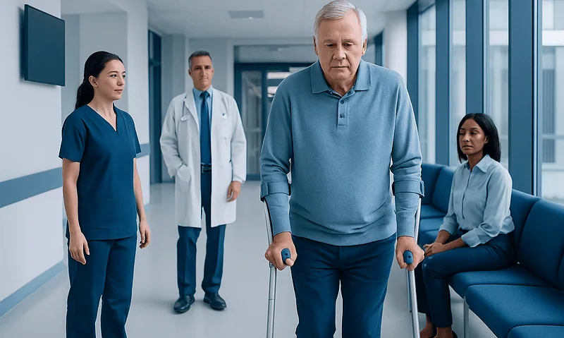Elderly man with weak legs using crutches in hospital corridor.