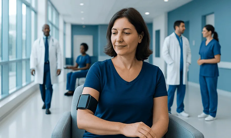 Woman wearing a blood pressure monitor in a hospital corridor.
