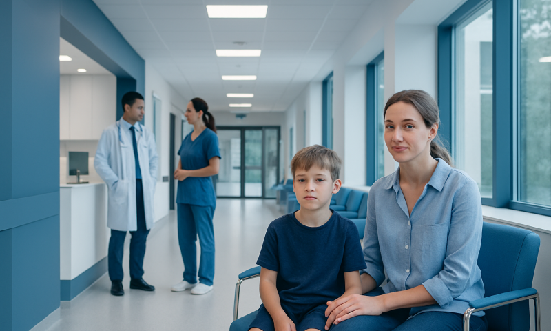 Child and mother waiting in hospital corridor with medical staff in background.