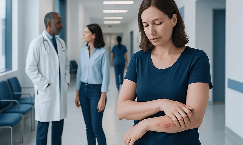 Young woman with eczema on her arm in a hospital corridor.