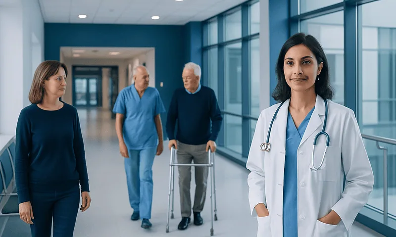Healthcare professionals and patients in a modern hospital corridor.