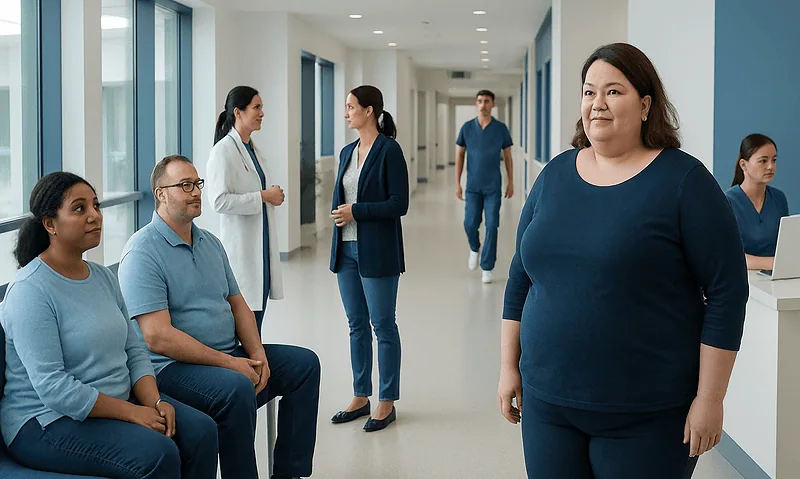 Patients and staff in a modern hospital corridor at Acibadem Hospitals Group.