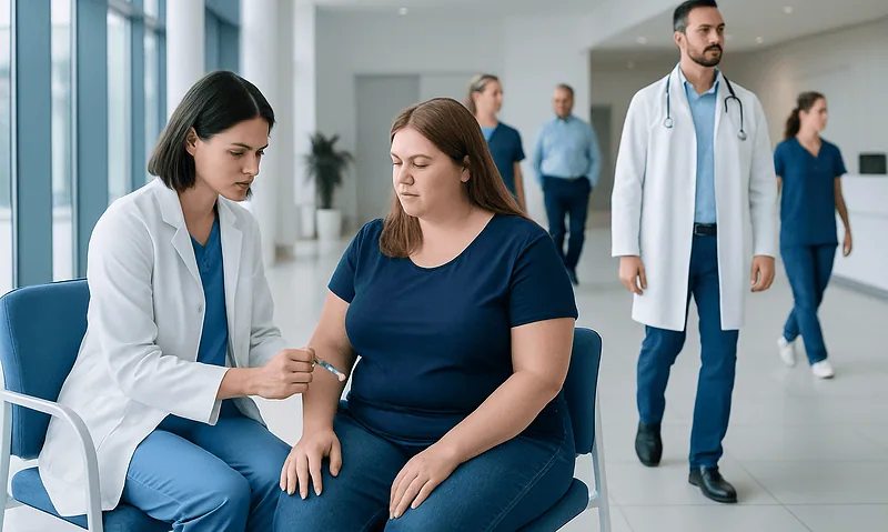 Doctor administering injection to patient in hospital setting.
