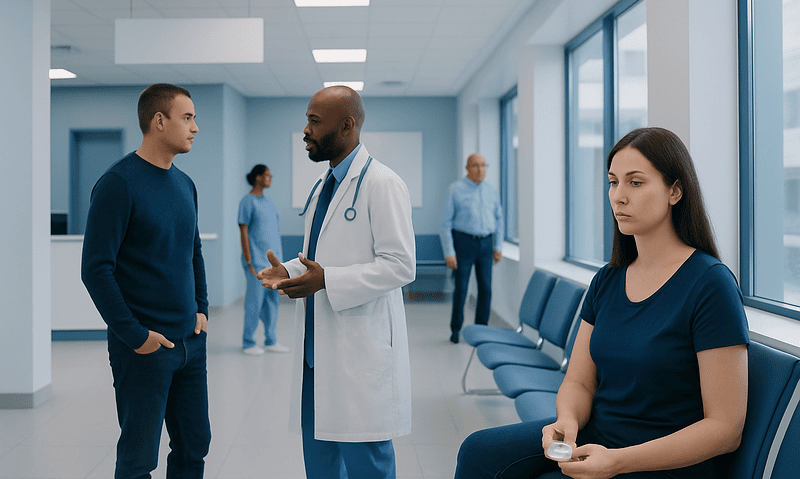 Doctor consulting with young male patient in hospital corridor.