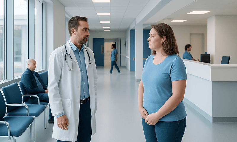 Doctor consulting a patient in a hospital corridor.