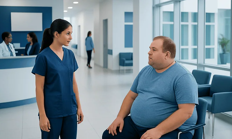 Patient consulting with nurse in hospital corridor.