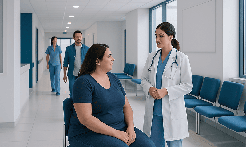 Doctor consulting a patient in a hospital corridor with medical staff in the background.