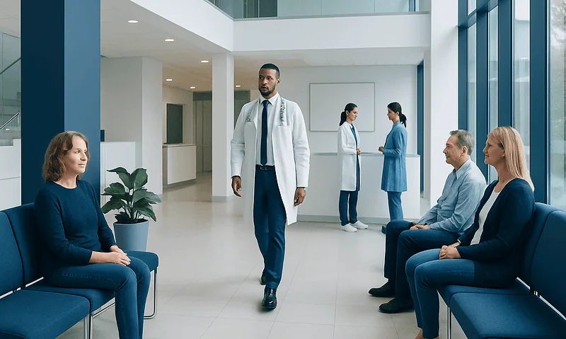 Medical consultation in a modern hospital waiting area with healthcare professionals and patients.
