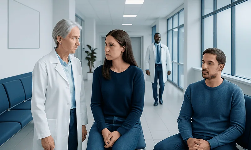 Doctor consulting with young female patient in hospital corridor.