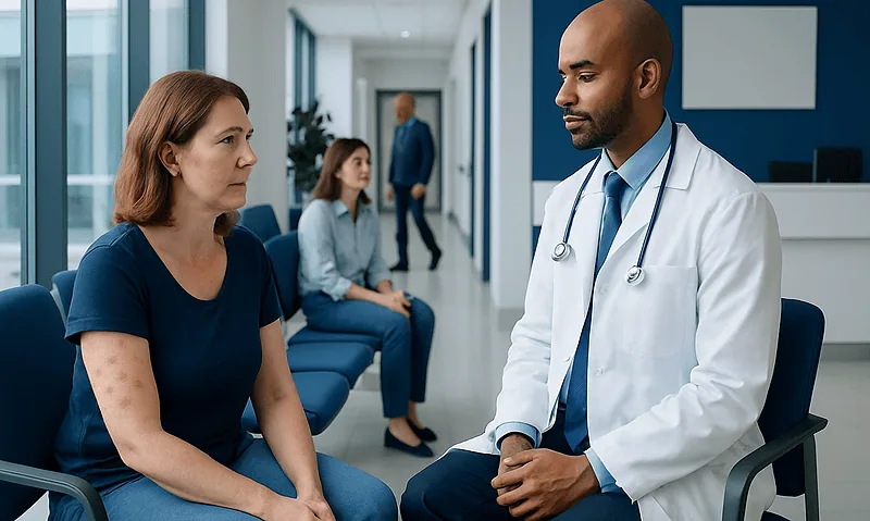 Doctor consulting with a female patient in a hospital waiting area.