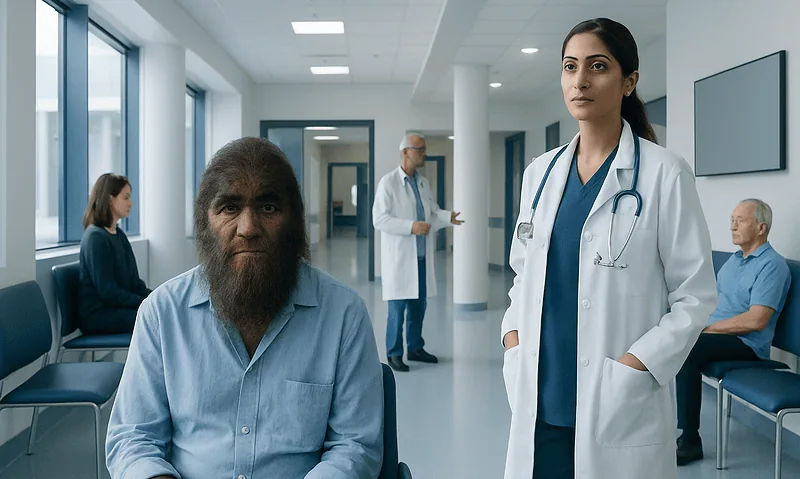 Medical team at hospital with diverse patients and staff.
