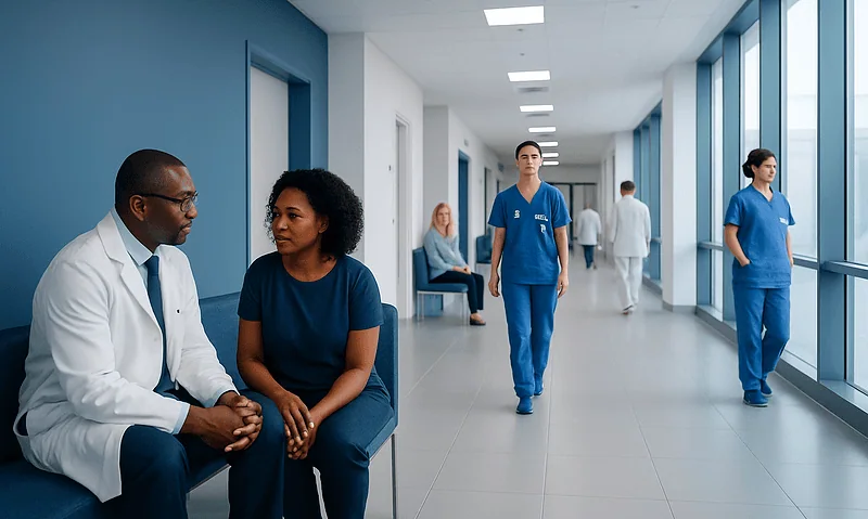 Healthcare professionals and patients in a modern hospital corridor.