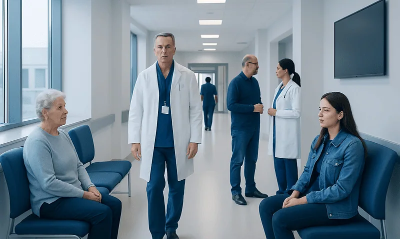 Medical professionals and patient in hospital corridor at Acibadem Hospitals Group.