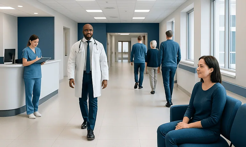 Healthcare professionals and patients in a modern hospital corridor.