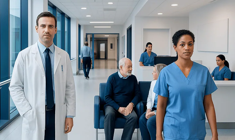 Medical staff and patients in a modern hospital corridor.