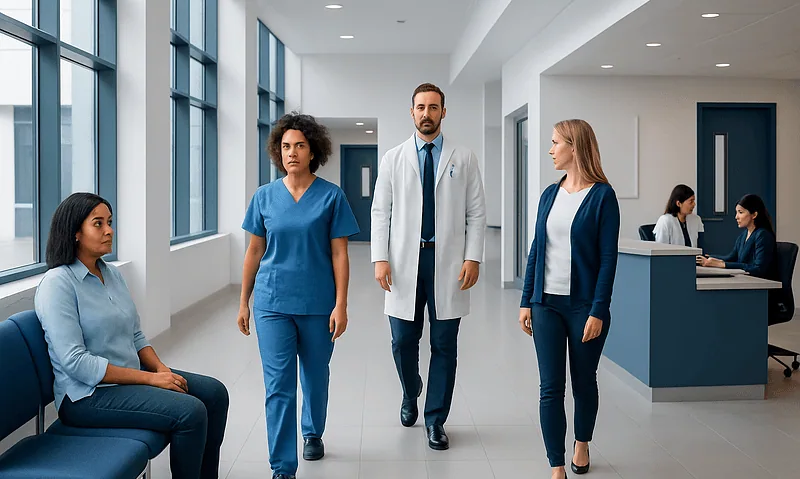 Medical professionals and patient in hospital corridor at Acibadem Hospitals Group.