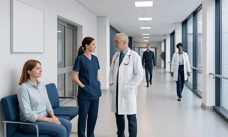 Medical team discussing patient care in a modern hospital corridor.