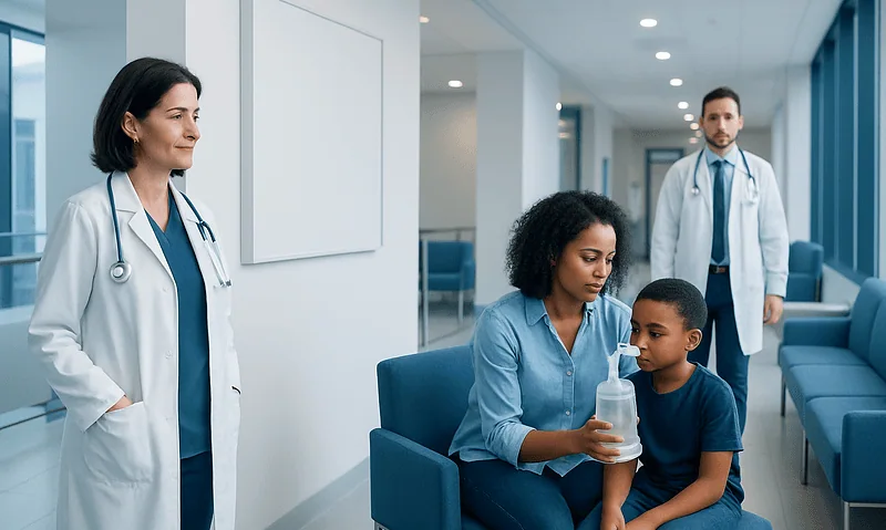 Doctor and nurse with young patient in hospital corridor.
