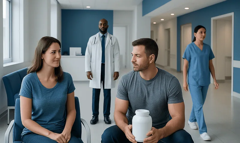 Patients and healthcare professionals in a modern hospital corridor.