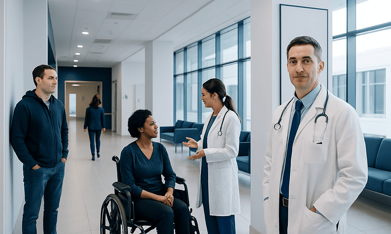 Medical team consulting with a patient in a hospital corridor.