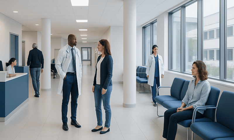 Medical professionals and patients in a modern hospital corridor.