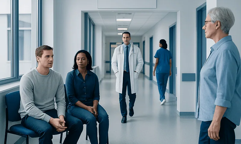 Medical consultation in hospital corridor with doctor and patients.