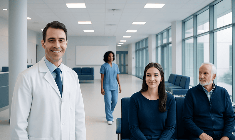 Friendly doctor with patients in a modern hospital corridor.