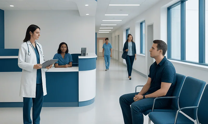 White Blood Cell Count (WBC) Blood Test: What Low and High Levels Mean — and What to Do Next 3 Hospital waiting area with a doctor and patient in a modern clinic.