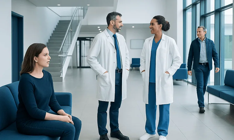 Medical professionals and patient in hospital lobby at Acibadem Hospitals Group.