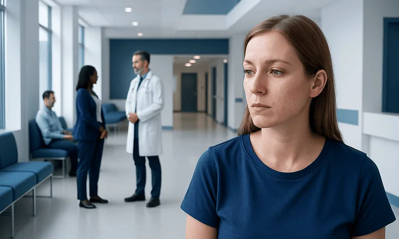 Young woman with facial bumps in a hospital corridor.