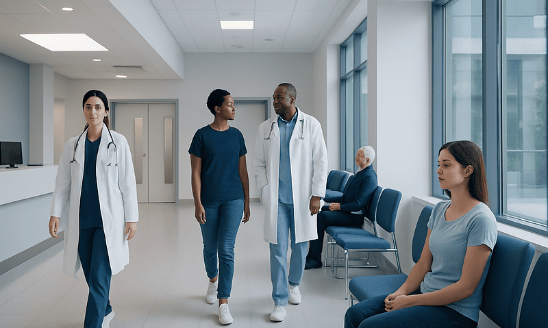 Medical professionals and patients in a modern hospital corridor.