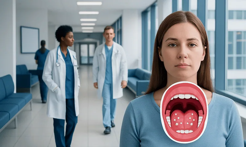 Young woman with throat examination graphic in hospital corridor.
