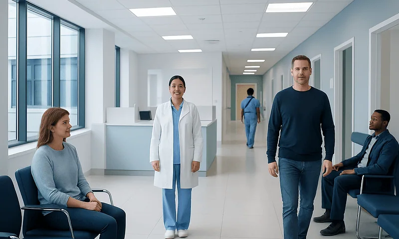 Hospital corridor with patients and medical staff in a modern healthcare facility.