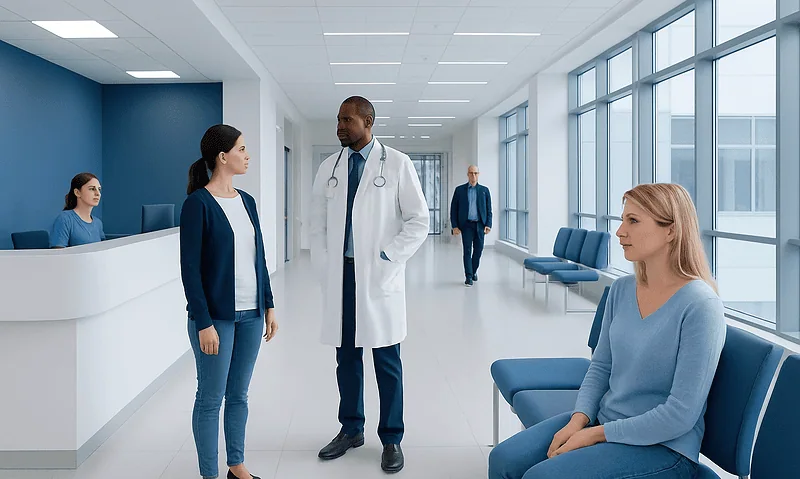 Medical consultation in a modern hospital corridor with doctor and patients.