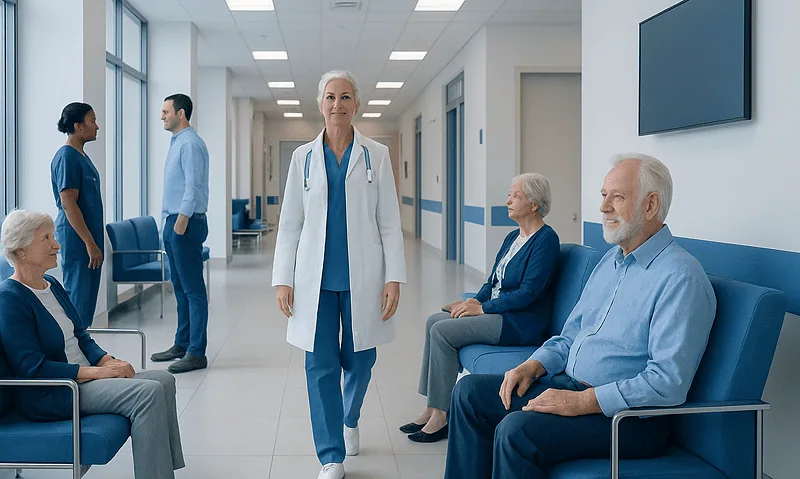 Healthcare professionals and elderly patients in a hospital corridor.