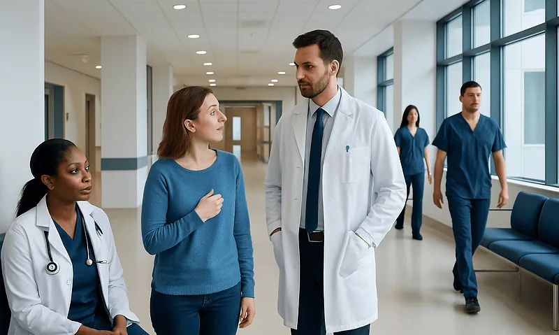 Medical professionals and a patient in a hospital corridor.
