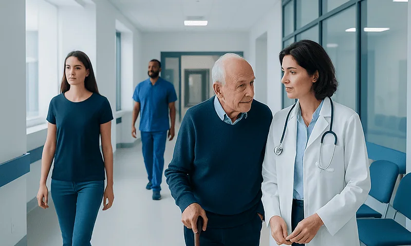 White Matter Disease: Symptoms, Causes, and Treatment Options 18 Healthcare professionals and patient in hospital corridor.