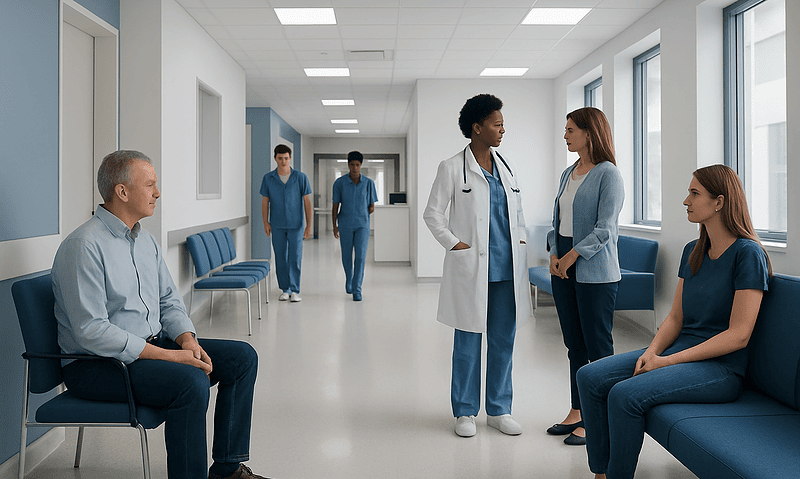 Medical consultation in hospital corridor with healthcare professionals and patients.