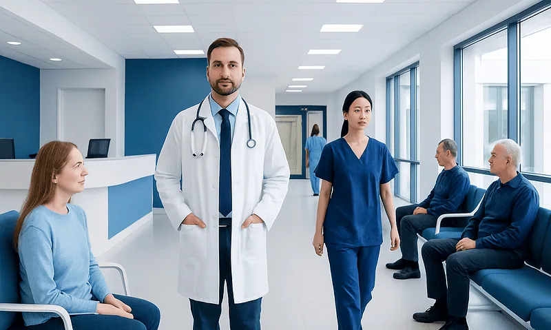 Medical team in hospital corridor with patients and staff.