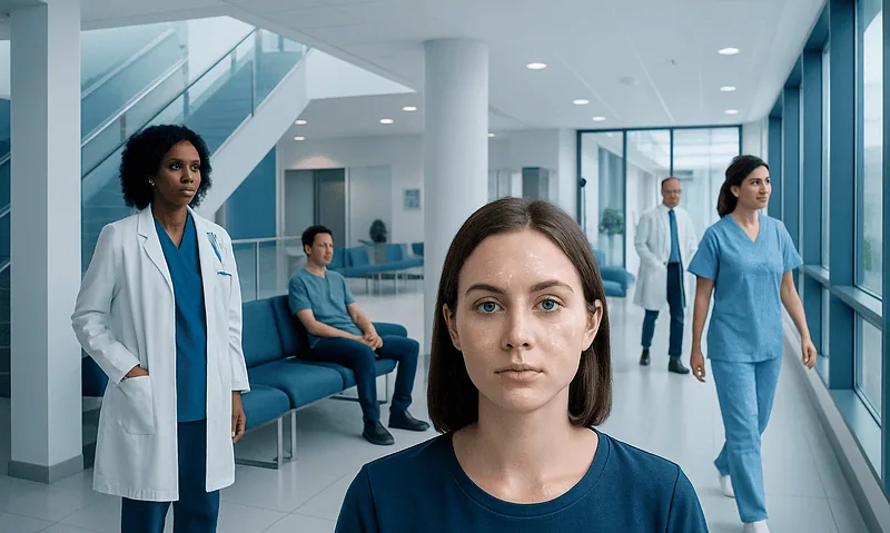 Diverse medical team in modern hospital corridor with patient.