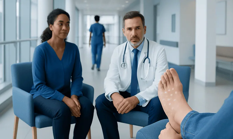 Doctor consulting with patient about foot health in hospital corridor.