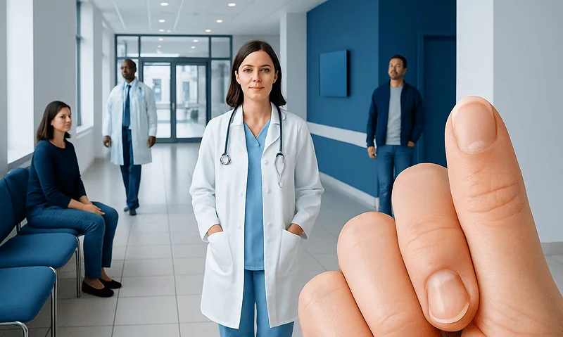 Doctor and patients in a hospital corridor with a large hand pointing at the scene.
