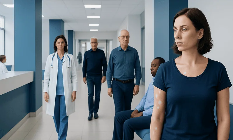 Spots on skin that are white: Common Causes, Warning Signs, and When to Worry 1 Patient with skin spots in hospital corridor at Acibadem Hospitals Group.