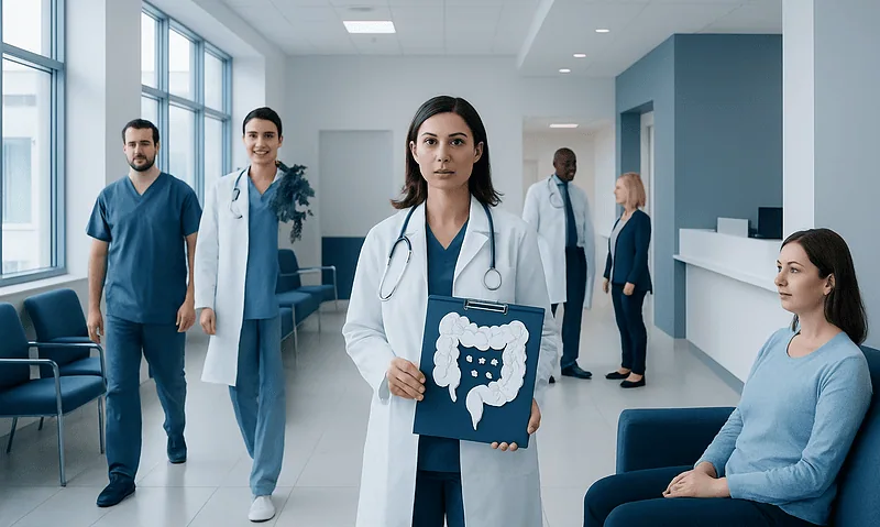 Medical team discussing colon health in hospital corridor.
